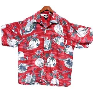 Tommy Bahama Mens Red Tropical Island Sailboat Rayon Camp Shirt Size M Vacation